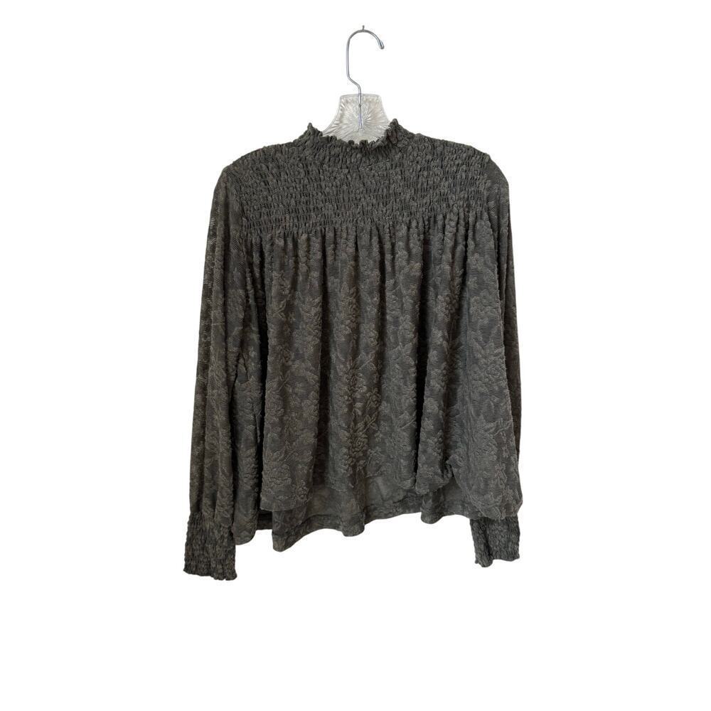 Anthropologie Deletta High Neck Shirred Long Sleeve Blouse Dark Green Medium